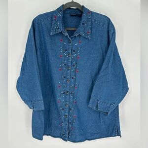 Sonoma Woman 1X Embroidered Denim Button Up Shirt Floral Western Cottagecore